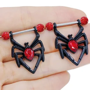 Gothic black spider nipple rings with red teardrop crystals on stainless steel bars