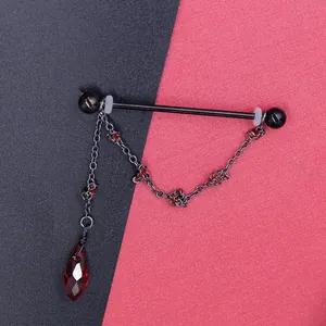 Gothic industrial barbell earring with black chain and faceted red teardrop pendant