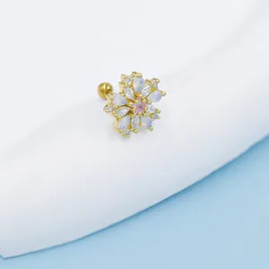 Blumen-Ohrstecker aus Titanstahl mit blauen Opalen und Zirkonia für das Knorpelgewebe