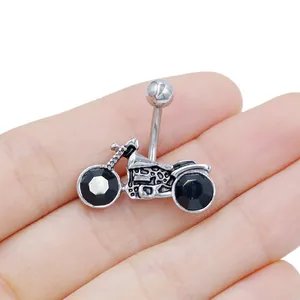 Silver motorcycle belly button ring with black stones and a curved barbell design