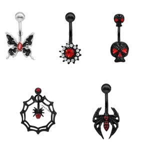 Set of 5 Gothic belly rings with spider, skull and butterfly designs in black and silver