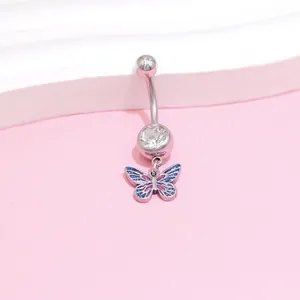 Detail of stainless steel belly ring featuring a blue and purple enamel butterfly charm