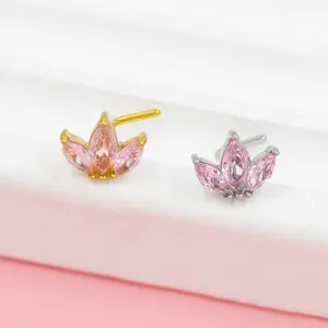Three-leaf crown nose studs with pink marquise zircon in gold and silver finish