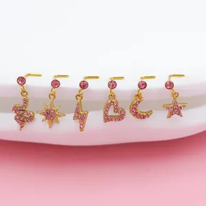6er-Set goldene L-Nasenstecker mit rosa Kristallen in Schlangen-, Stern- und Blitzmotiven