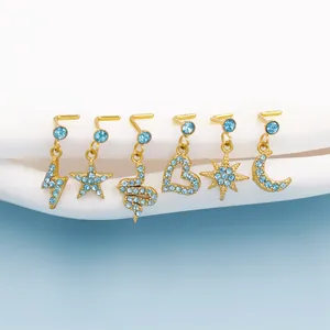 6er-Set goldene L-Nasenstecker mit hellblauen Strasssteinen in himmlischen Formen