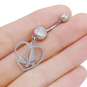 Piercing ombelico in acciaio con pendente a cuore farfalla e pietra di zircone chiara