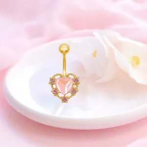 G23 Titan Bauchnabelpiercing in Gold mit rosa Herz-Opal und funkelnden Kristallen