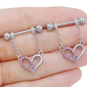 Polished steel barbell nipple rings with dangling pink zircon hollow heart charms