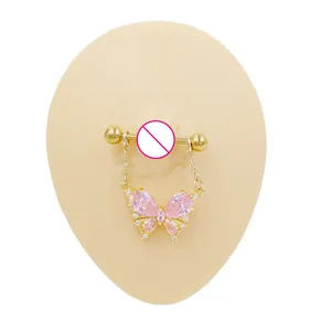 Golden stainless steel butterfly nipple ring with pink zircon stones on silicone model