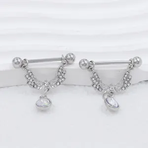 Detail view of butterfly nipple ring with opal stone and sparkling crystal wing charm