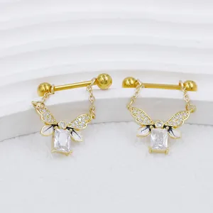 Golden butterfly nipple ring pair with dangling chains and sparkling zircons