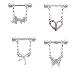 Set of four stainless steel nipple rings with butterfly and heart crystal charms
