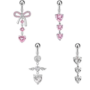 Set di piercing all'ombelico in titanio con ciondoli a cuore e fiocco in zircone