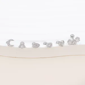 Set of 6 silver titanium stud earrings with heart and crescent moon zircon designs