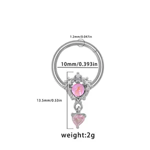 Silver stainless steel nose ring with pink heart gem and opal-like stone detail