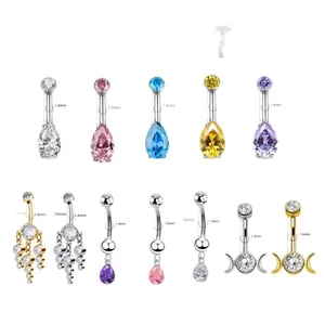 Titanium alloy navel ring set with heart zirconia and various colorful pear-cut stones