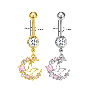 Surgical steel heart moon belly rings with butterfly charms in gold and silver set