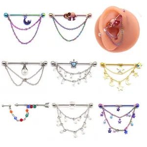 316L Roestvrij Stalen Industriële Barbell Oorbellen Met Ketting Kwastje Punk Maan Ster Olifant Hanger Body Piercing Sieraden Voor Dames Heren