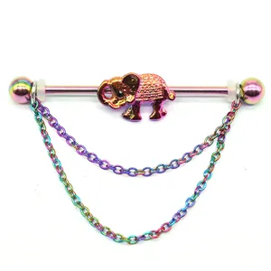 Regenboog rvs industriële barbell met olifanthanger en fijne hangende kettingdetails