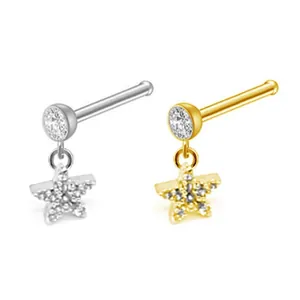 L-shaped titanium nose stud with dangling star pendant and round cubic zirconia detail
