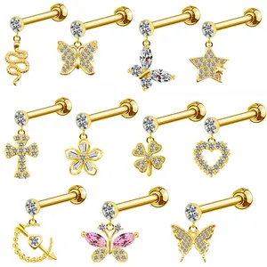 Fashion Golden Metal Zirconia Ear Stud Piercing Jewelry With Butterfly Snake Star Evil Eye Heart Cross Flower Shapes For Unisex