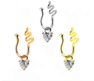 U-shaped zircon nose cuffs in silver, gold, and rose gold with heart crystal drops