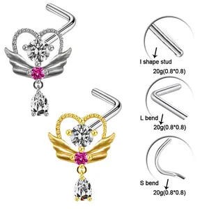 Set di piercing al naso cuore con ali 20G in oro e argento con pendenti in zircone