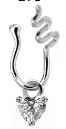 Macro detail of U-shaped silver nose clip featuring a dangling heart-cut cubic zirconia