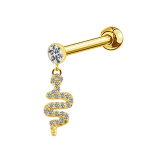 Golden snake stud earring with sparkling zircon stones for cartilage piercing jewelry