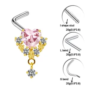 Piercing naso dorato con zircone a cuore rosa e opzioni a forma I/L/S in acciaio 20G