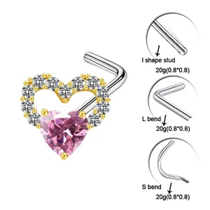 Piercing naso a cuore con zircone rosa dorato e opzioni di perno a I, L e S