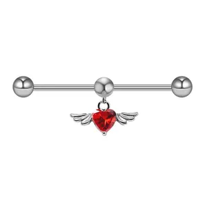 Industrial barbell with a red heart-shaped gemstone and silver wings detail