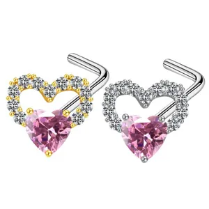 Piercing per il naso a cuore a forma di L in oro e argento con pietre rosa e zirconi