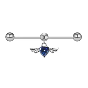 Industrial barbell earring with blue heart gemstone and silver angel wings in stainless steel