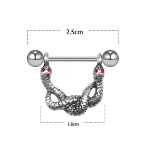 Doppel-Schlangen-Nippelpiercing mit roten Augen und 2,5 cm langer Edelstahl-Hantelstange