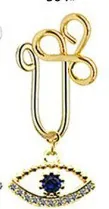 Detail of gold U-shaped nose clip with evil eye pendant and blue zircon inlay
