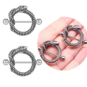 Detail view of retro snake nipple rings with antique silver finish and scale texture