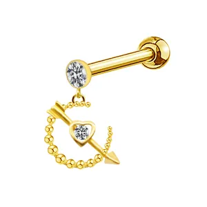 Gold-plated piercing jewelry with cupid arrow, heart zircon, and sparkling stone detail