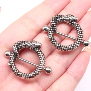 Snake shaped nipple ring pair in vintage silver finish with round piercing barbell
