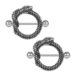 Snake shield nipple rings set with antique serpent scale texture and polished steel barbells