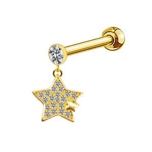 Macro shot of gold-plated barbell stud earring featuring a sparkling pavé star pendant