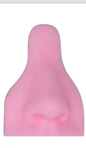 Detailed close-up of pink soft silicone human nose model for medical teaching display