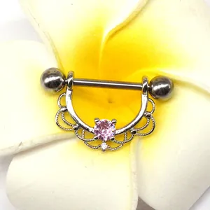 Silver nipple ring barbell with pink round zircon and hollow lace petal design