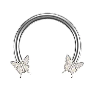Polished silver butterfly horseshoe piercing ring with white glitter butterfly accents
