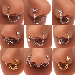Stainless Steel Nose Ring Chain Set With Heart Butterfly Moon Star Rhinestone Zirconia Nose Stud To Earring Piercing Jewelry For Women Punk Style