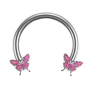 Polished silver circular barbell earring with sparkling pink butterfly charms