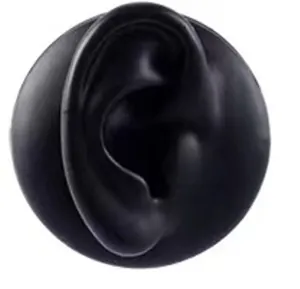 Detail view of a black silicone ear model with base for jewelry display and piercing practice