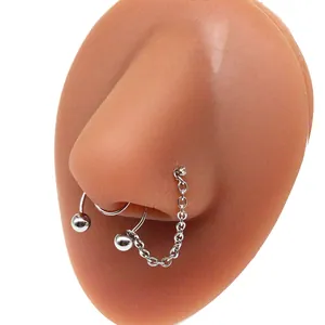 Punk style silver stainless steel nose ring and stud set with connecting chain link