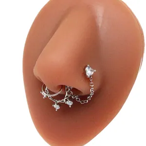 Silver stainless steel nose ring chain set with four heart-shaped cubic zirconia stones