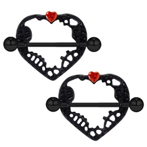 Gothic-Herz-Brustwarzenringe mit Totenkopf-Design und rotem Kristall in Schwarz